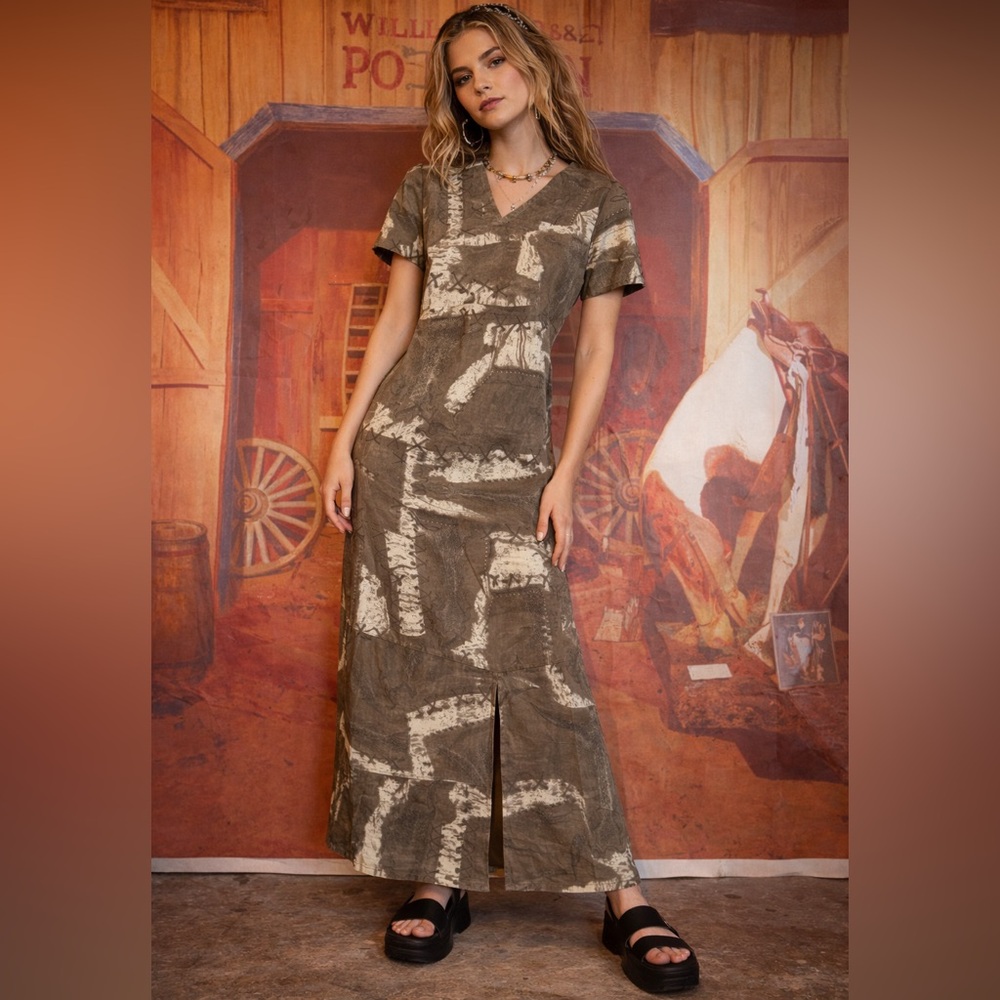Vintage Olive Green and Cream Tie-Dye Maxi Dress